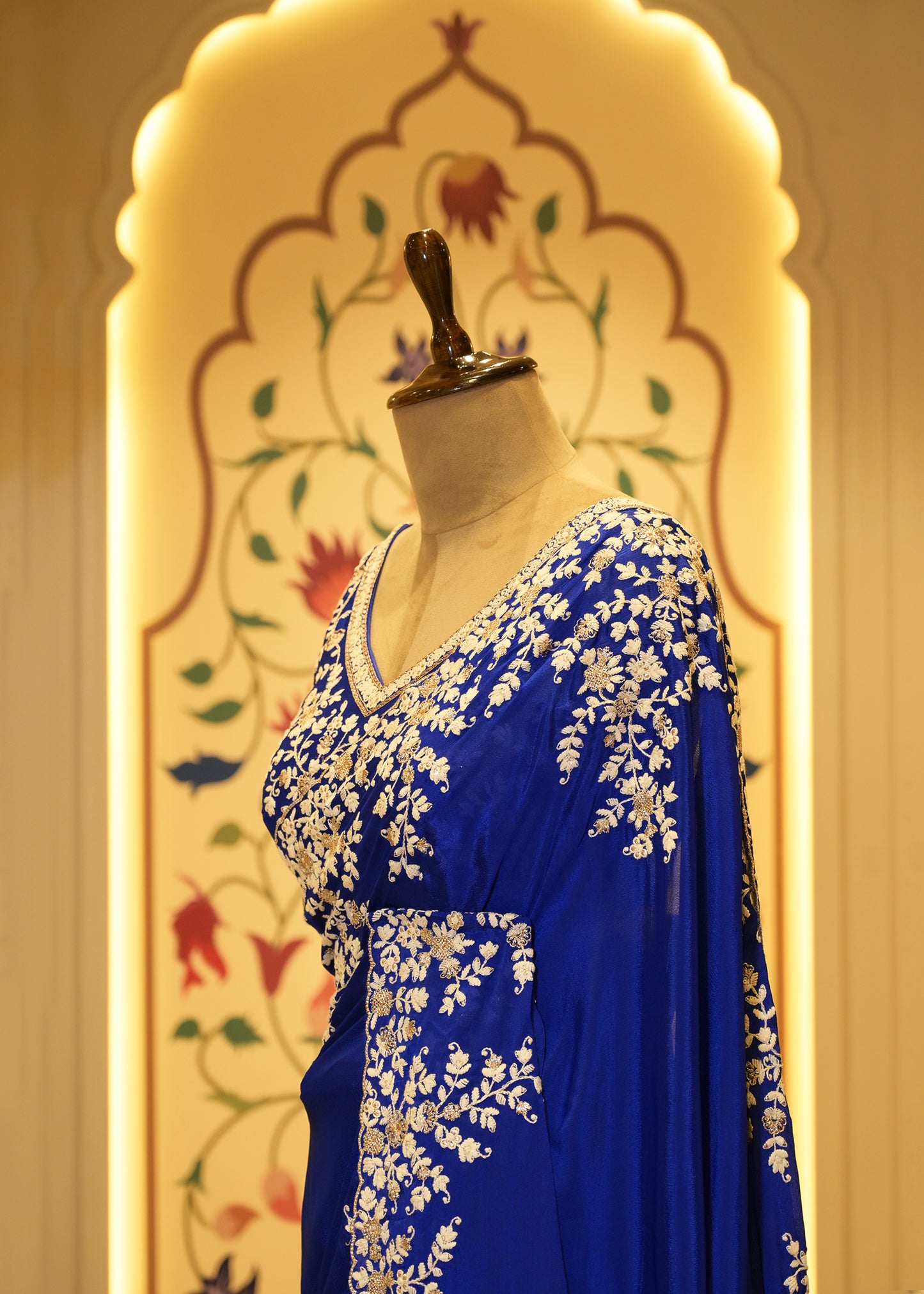 Electric Blue Chinon Thread Embroidered Saree with Stitched Blouse