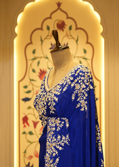 Electric Blue Chinon Thread Embroidered Saree with Stitched Blouse