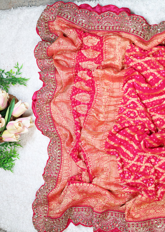 Pink Garchola Heavy Border Long Bridal Dupatta