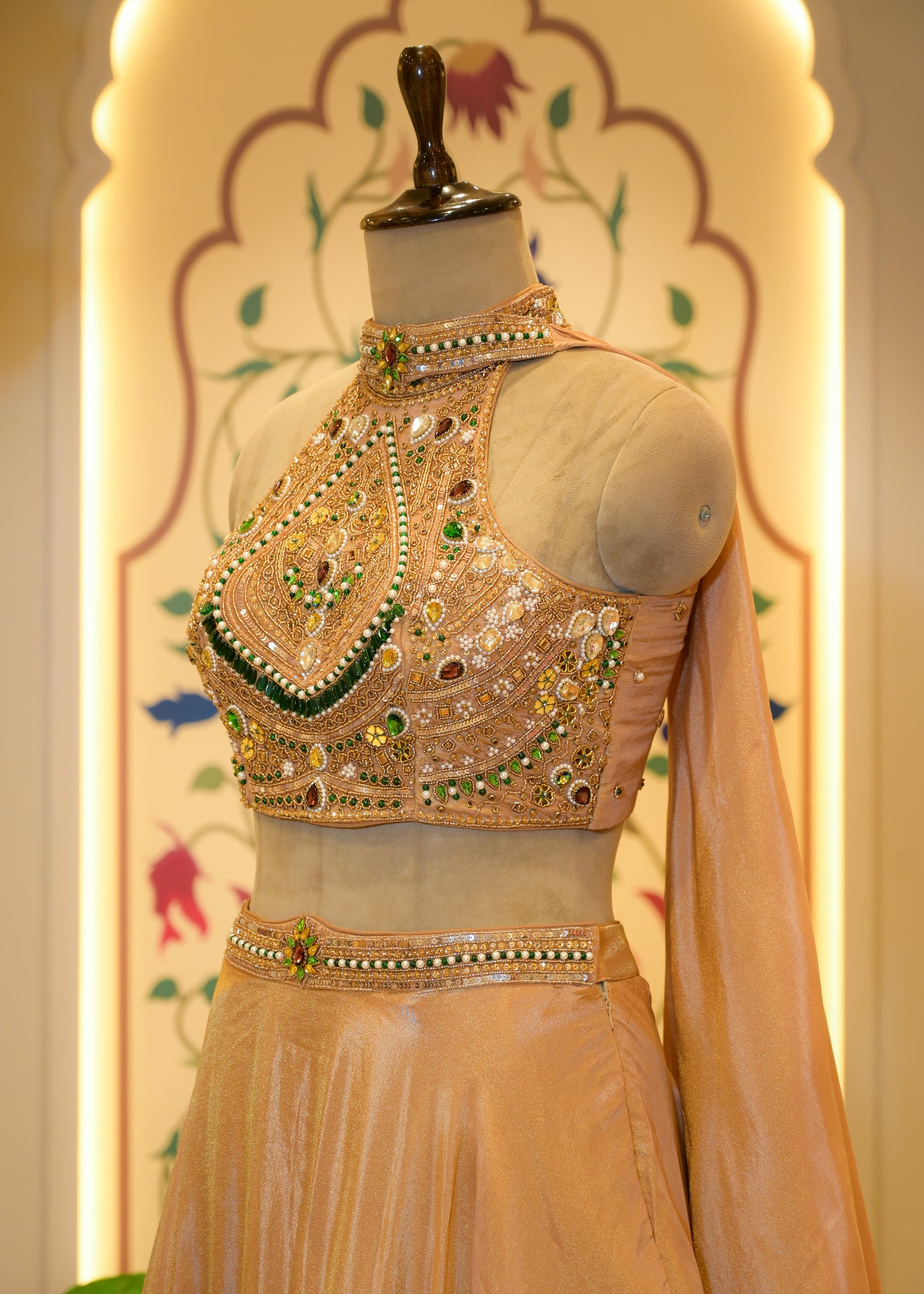 Tissue Golden Gemstone Halter Neck Top Lehenga with Dupatta