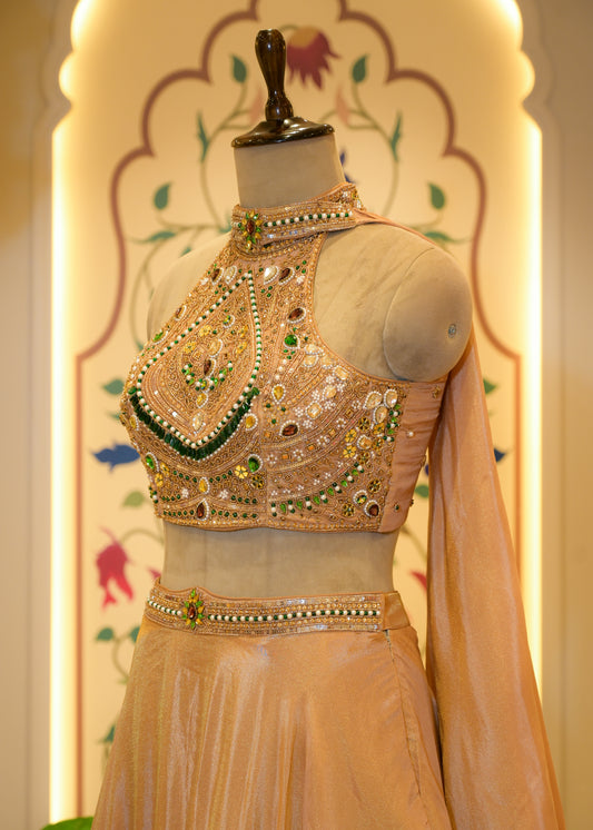 Tissue Golden Gemstone Halter Neck Top Lehenga with Dupatta