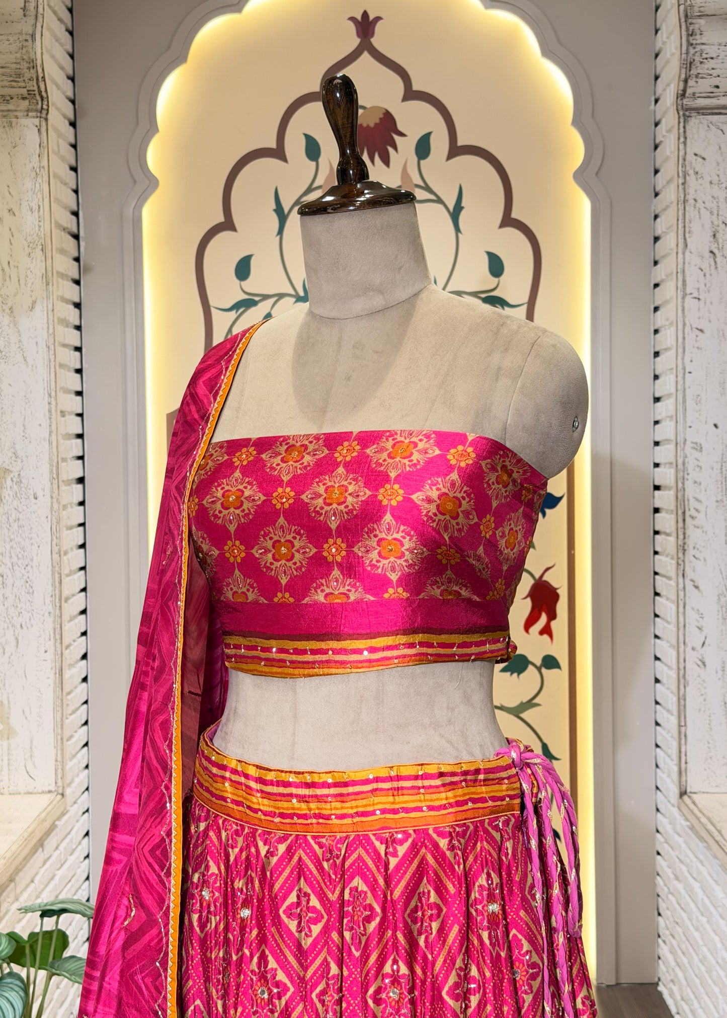 Rani Hand Embellished Printed Silk Lehenga with Unstitched Blouse