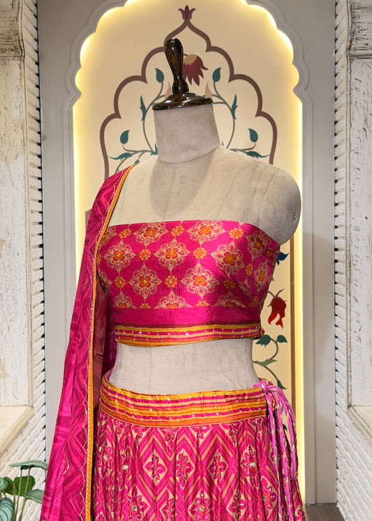 Rani Hand Embellished Printed Silk Lehenga with Unstitched Blouse