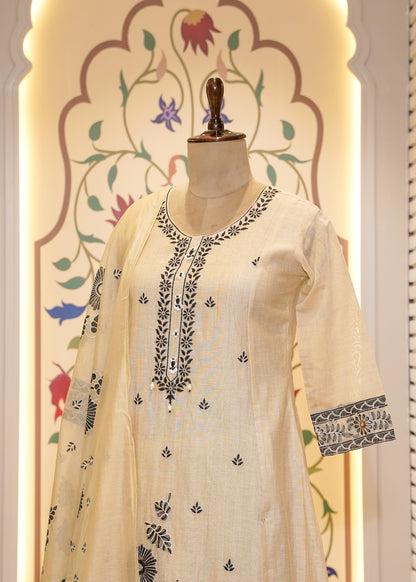 Beige A Line Thread Embroidered 3 pc Kurti Set