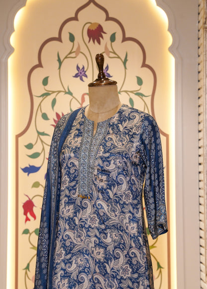 Blue Muslin Printed 3 pc Kurti set