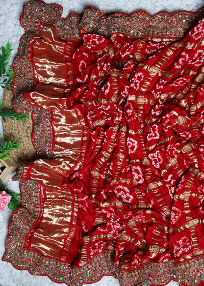 Red Bandhani Long Bridal Dupatta with Heavy Border