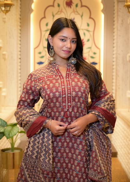Falguni Rust Dabu Cotton Stitched Suit Set
