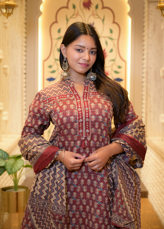 Falguni Rust Dabu Cotton Stitched Suit Set