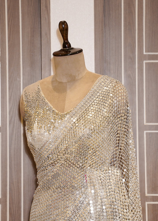 Silver Designer Pallu Saree with Hand Embroidered Pletes and Stitched Blouse