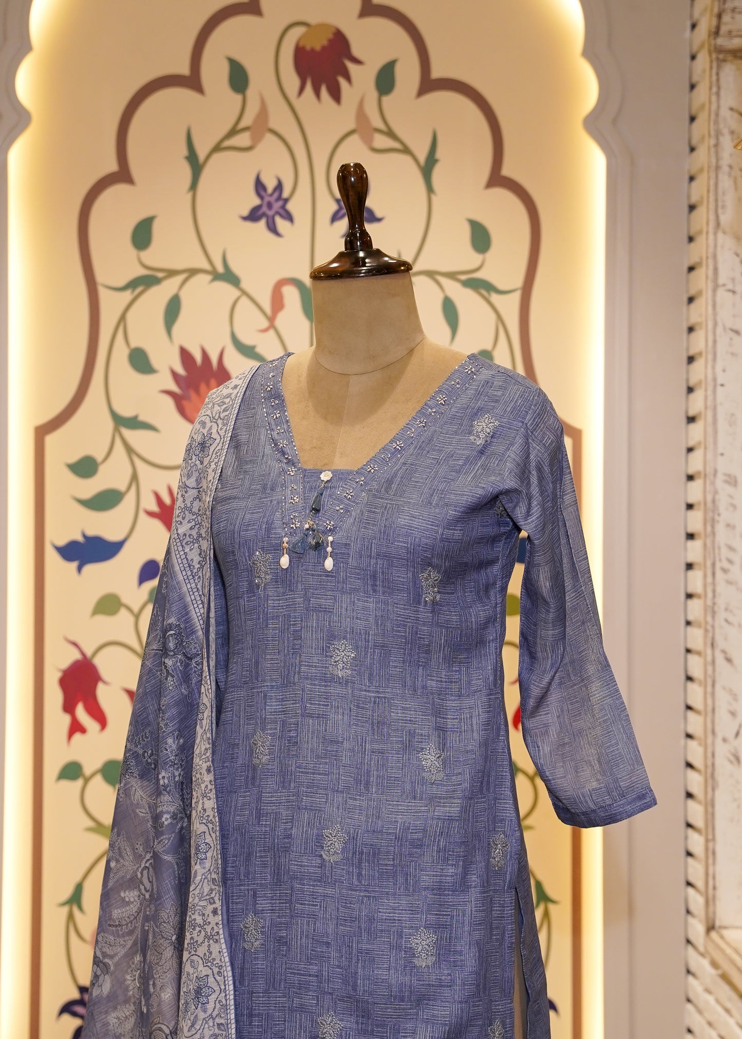 Blue Cotton Printed 3 pc Kurti set