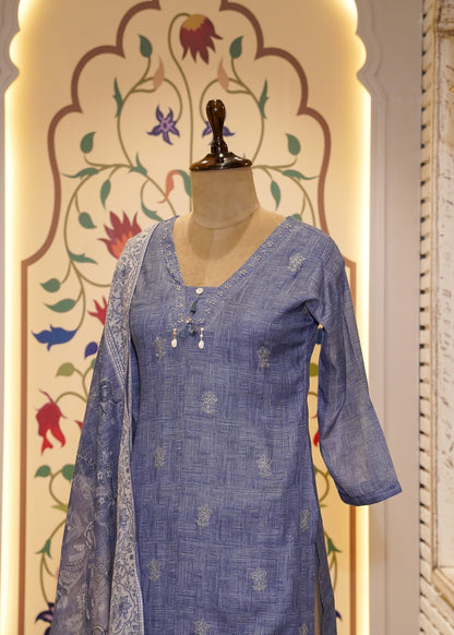 Blue Cotton Printed 3 pc Kurti set