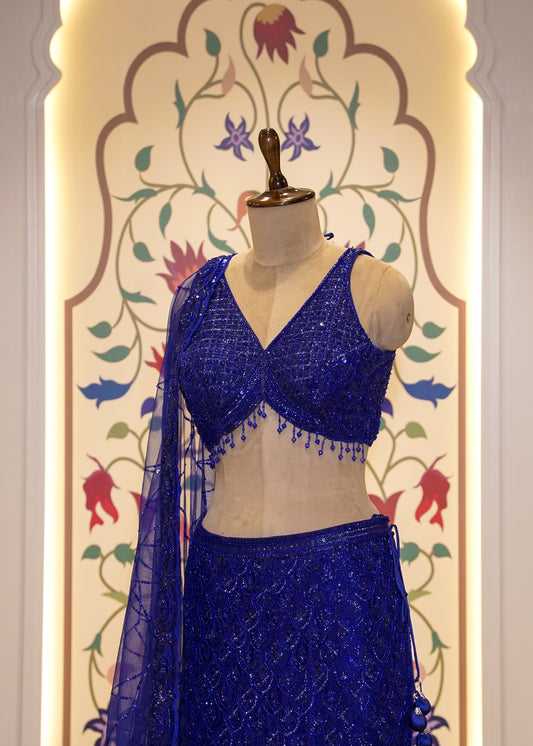 Electric Blue Bead Embroidered Crop Top Fish-cut Skirt Set