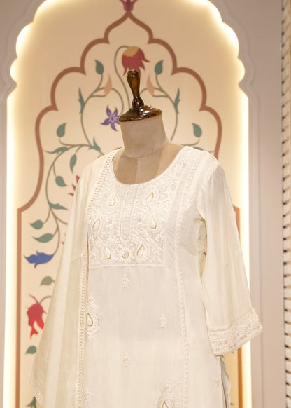Ivory Mul Cotton Hand Embellished 3 pc Kurti Set