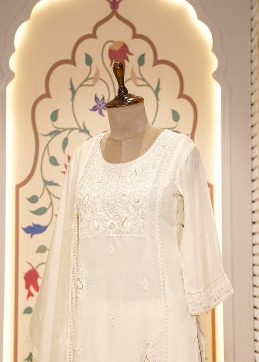 Ivory Mul Cotton Hand Embellished 3 pc Kurti Set
