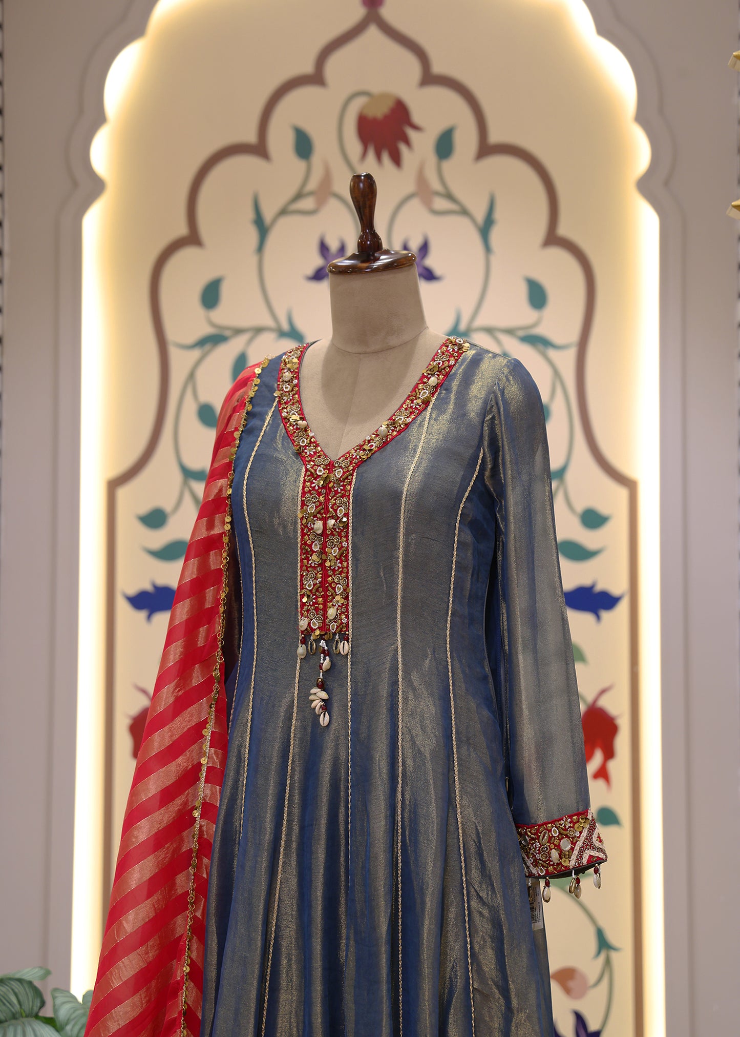 Blue & Red Anarkali Suit Set with Dupatta