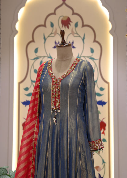 Blue & Red Anarkali Suit Set with Dupatta