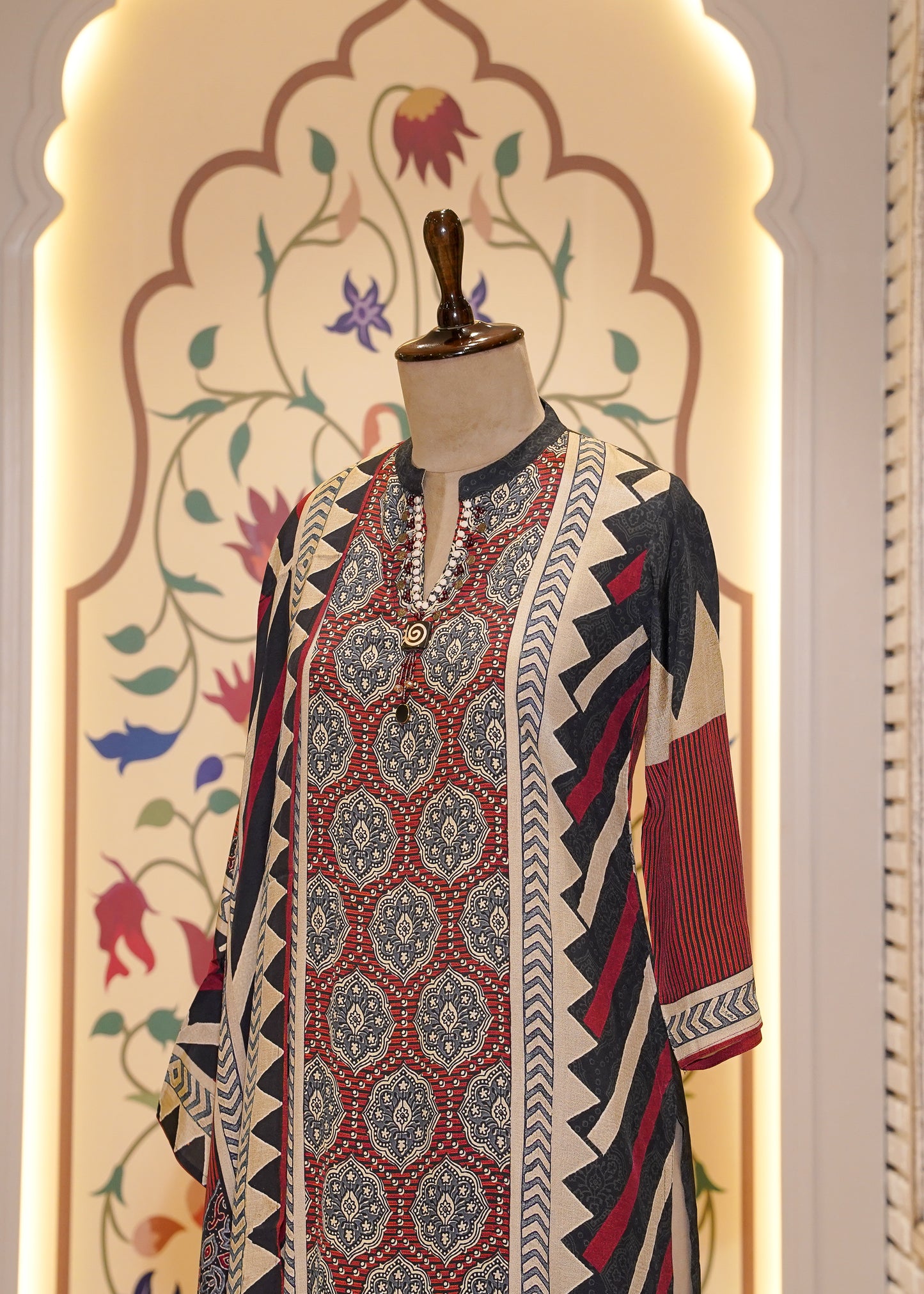 Red & Black Muslin Ajrak Printed 3-Piece Kurti Set