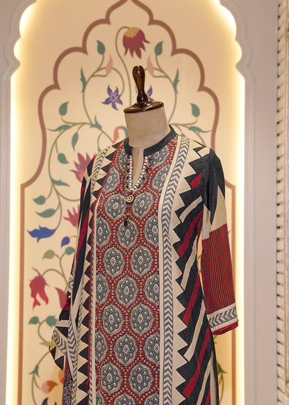 Red & Black Muslin Ajrak Printed 3-Piece Kurti Set