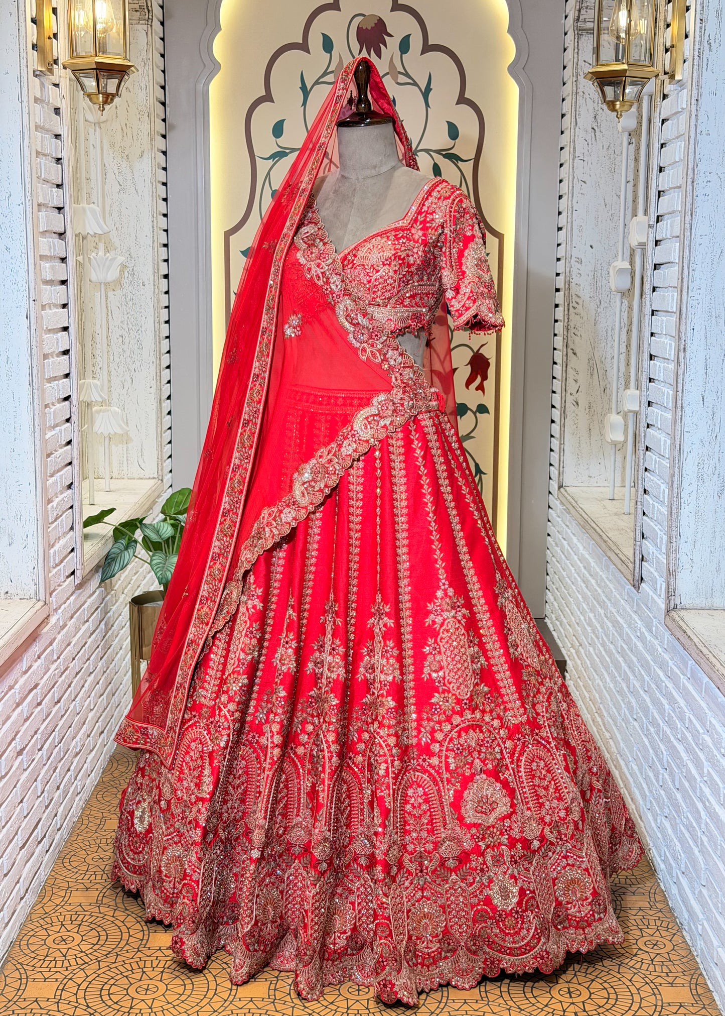 Red Bead Embroidered Mehrab Style Bridal Lehenga with Stitched Blouse & 2 Dupattas