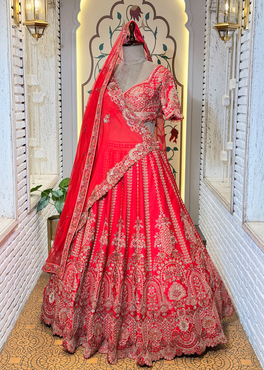 Red Bead Embroidered Mehrab Style Bridal Lehenga with Stitched Blouse & 2 Dupattas