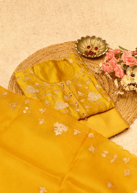 Pakhi Yellow Applique Work Unstitched Suit Set