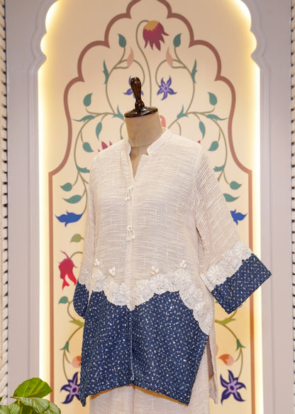 Ivory & Blue Cotton Jute Co-ord Set with Shells & Thread Embroidery