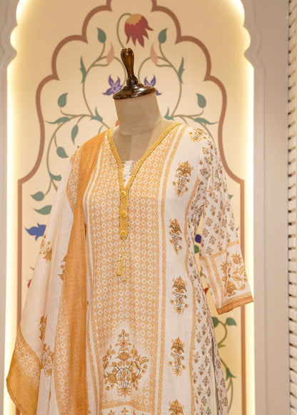 Yellow Cotton Printed 3 pc Kurti Set