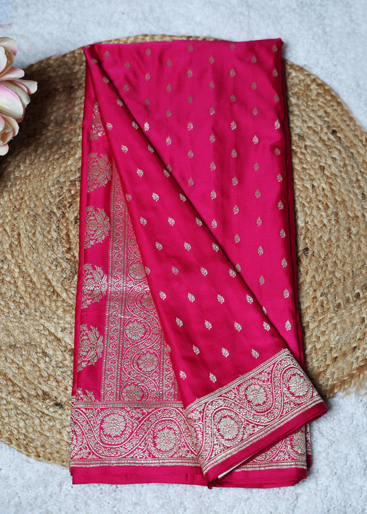 Pink Booti and Zari Border Banarasi Saree with Unstitched Blouse