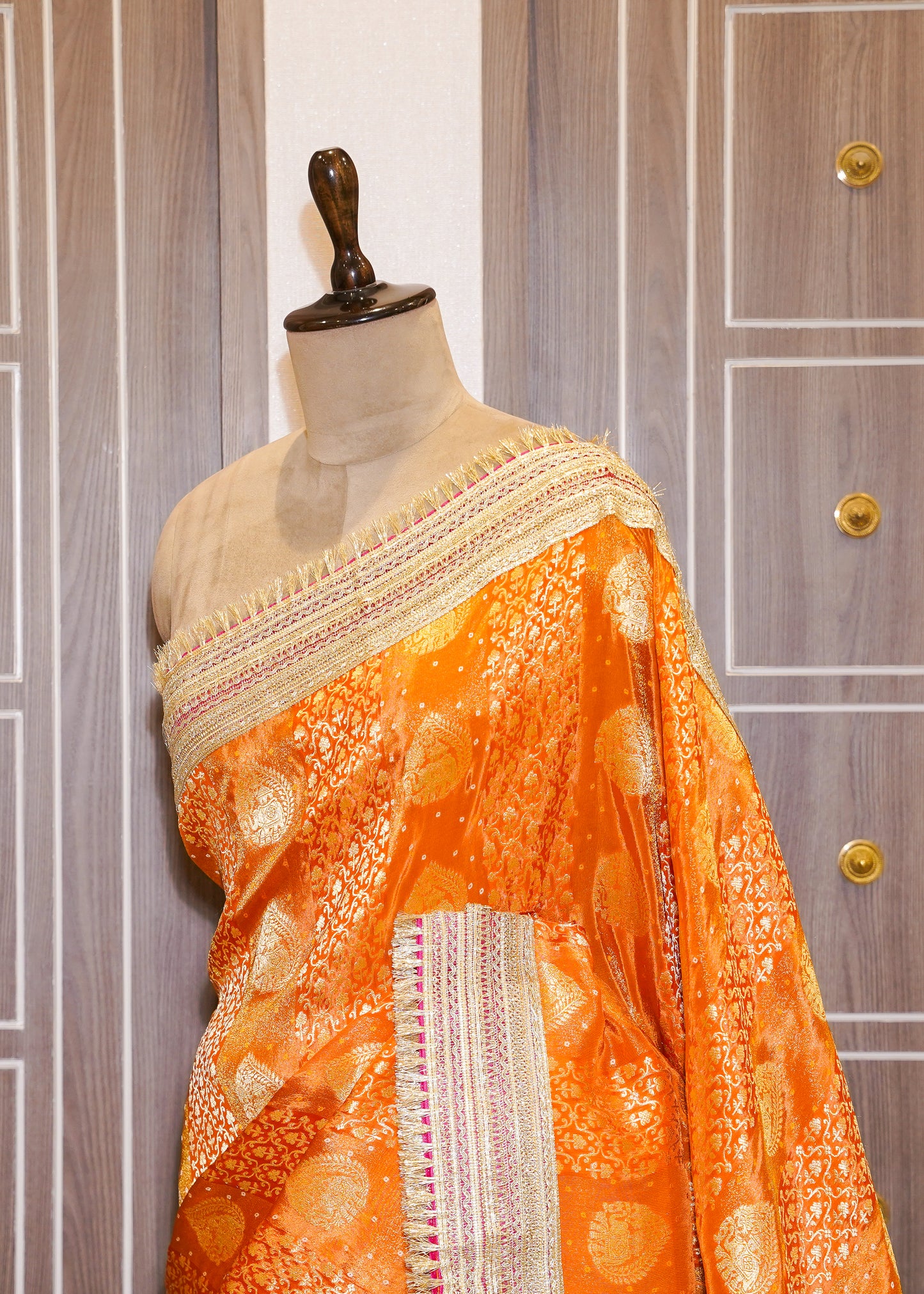 Rust Tissue Weaving Saree with Gota Lace and Unstitched Blouse
