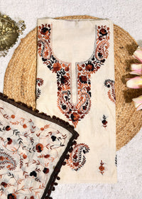 Ivory Chanderi with Brown Kantha Embroidery Unstitched Suit Set