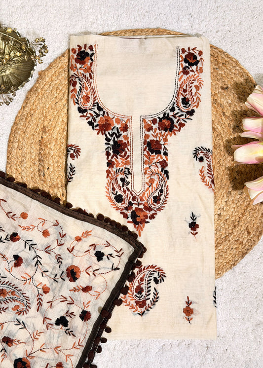 Ivory Chanderi with Brown Kantha Embroidery Unstitched Suit Set