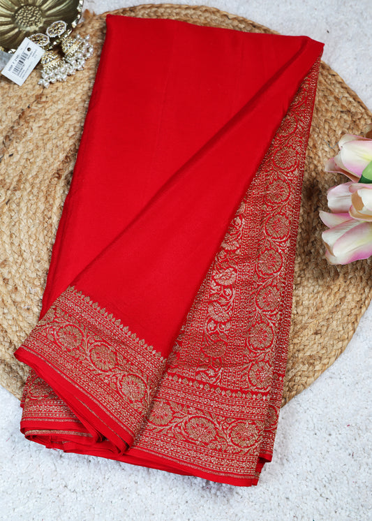 Deeya Plain Red Banarasi Pure Crepe Saree with Unstitched Blous