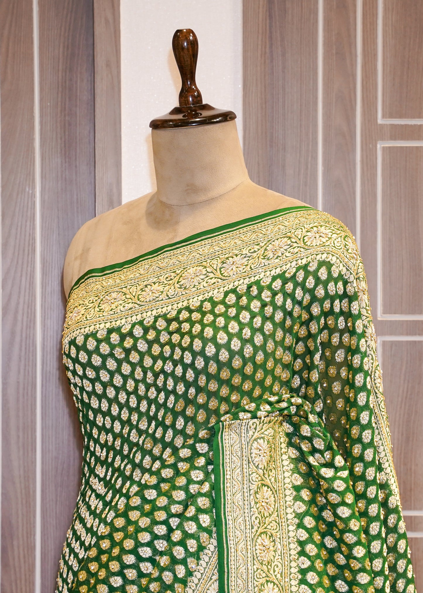Bottle Green khadi Georgette Booti Saree with Zardozi Embroidery