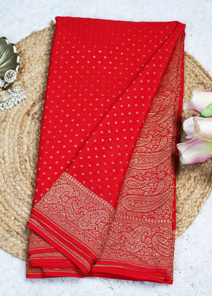 Tarini Red Banarasi Pure Crepe Saree with Unstitched Blouse