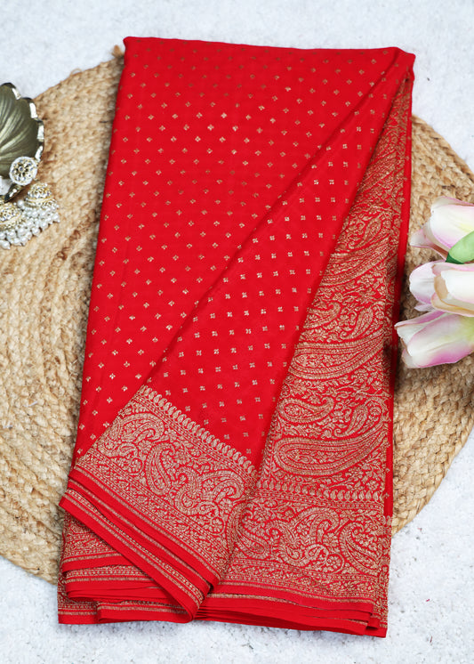 Tarini Red Banarasi Pure Crepe Saree with Unstitched Blouse