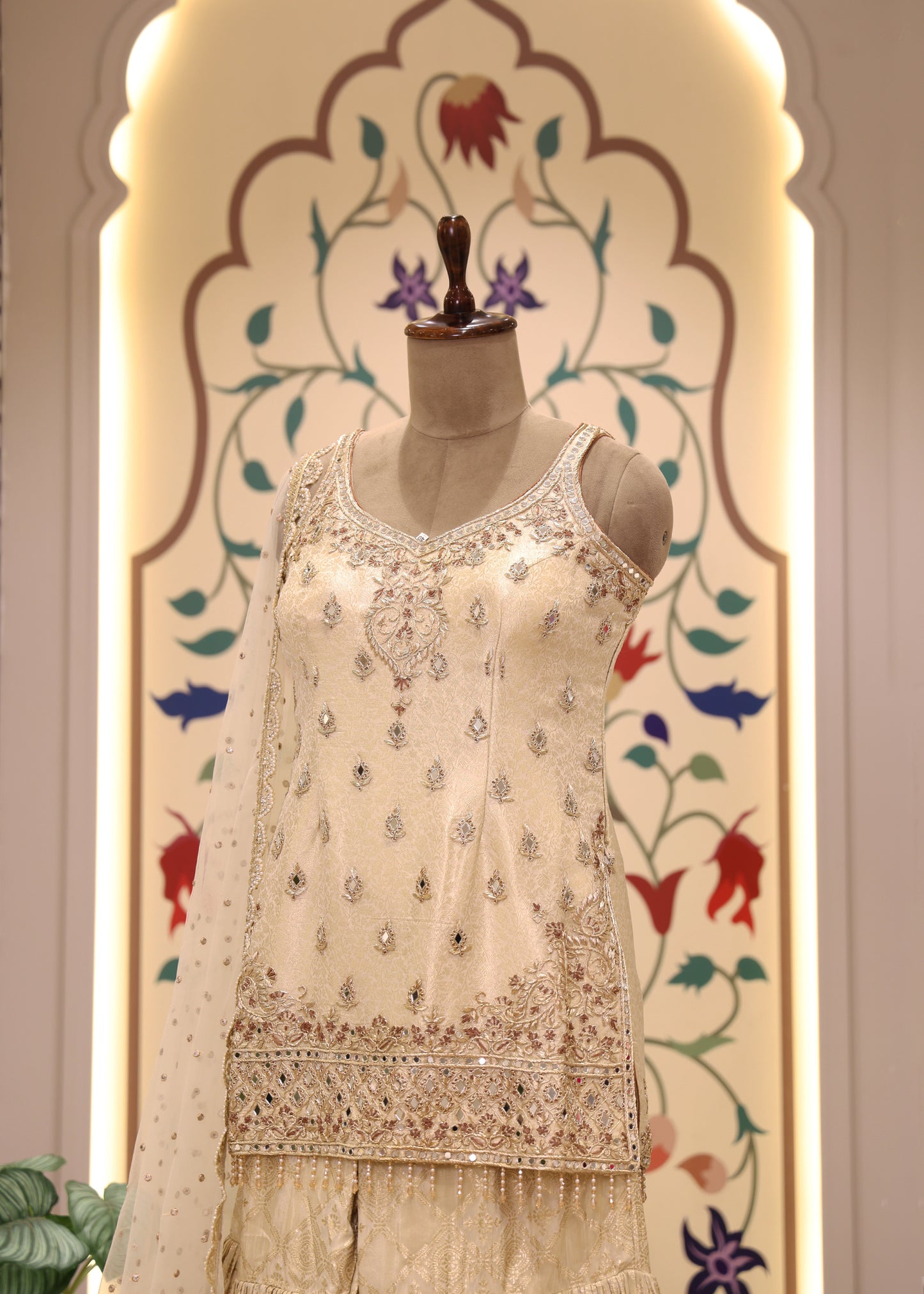 Moti Pearl Cream Short Kurti Sharara Set