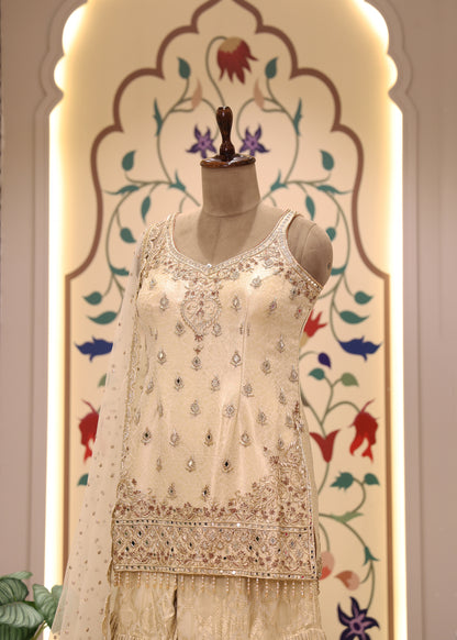 Moti Pearl Cream Short Kurti Sharara Set