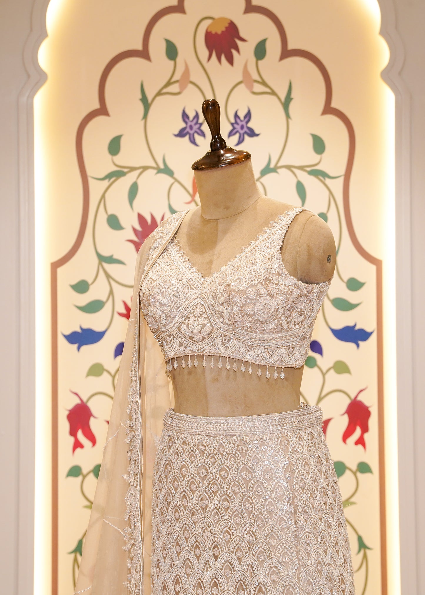 Beige Bead Embroidered Crop Top Fish Cut Skirt Set