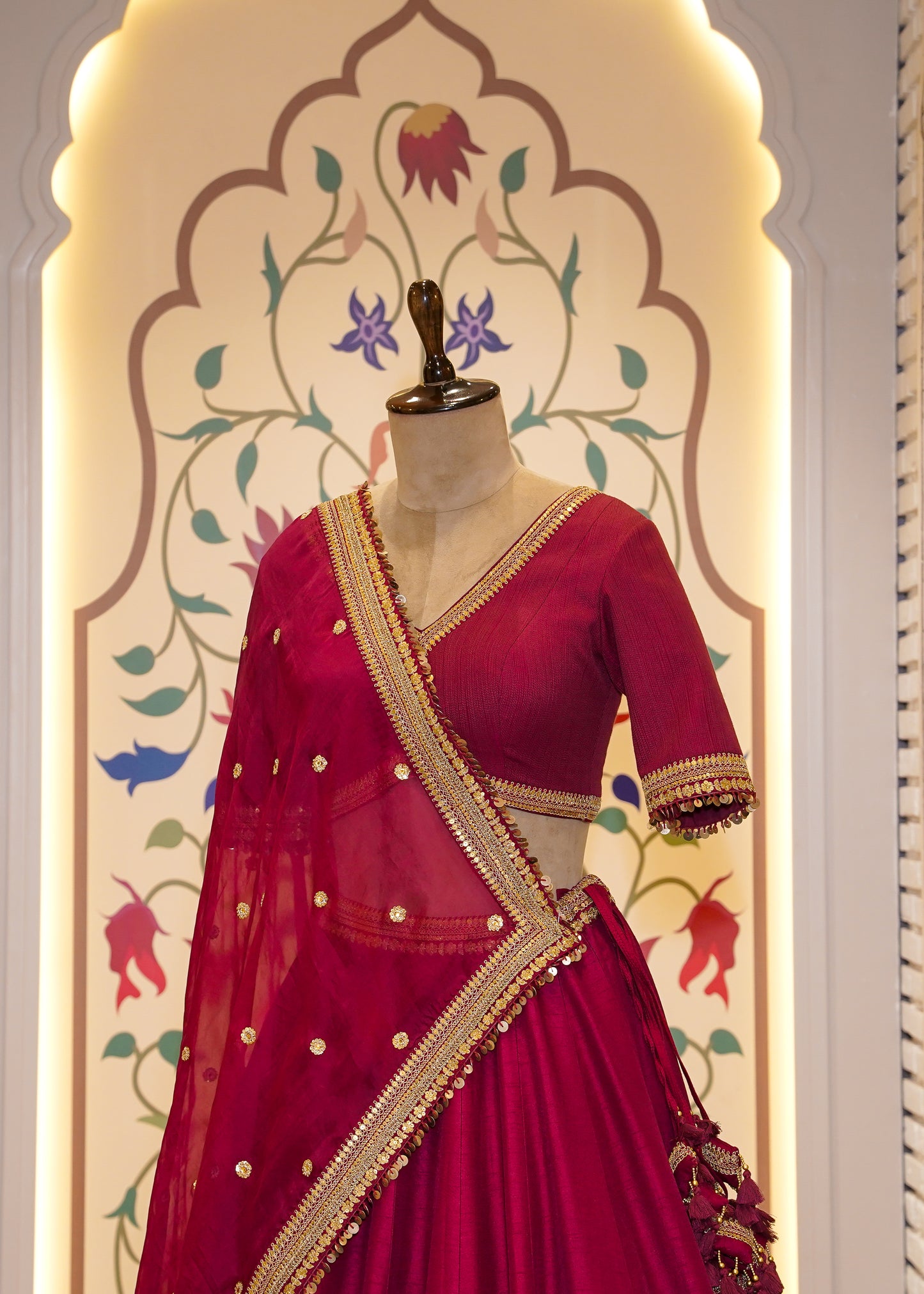 Mehroon Handcrafted Bridal Lehenga with Palm Tree Motifs & Single Dupatta