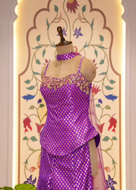 Bright Purple Silk Hand Embroidered Peplum & Plazo Set with Choker Dupatta