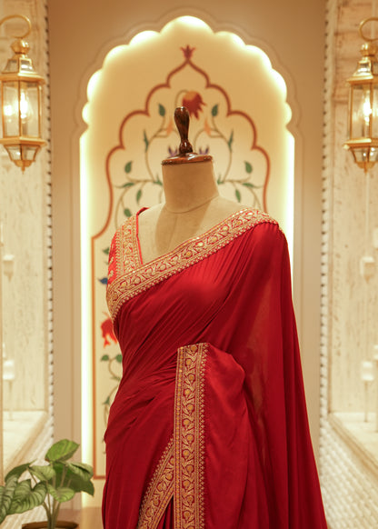 Inaya Maroon Red Silk Embroidered Saree with Stitched Blouse