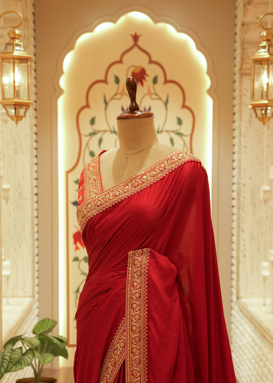 Inaya Maroon Red Silk Embroidered Saree with Stitched Blouse