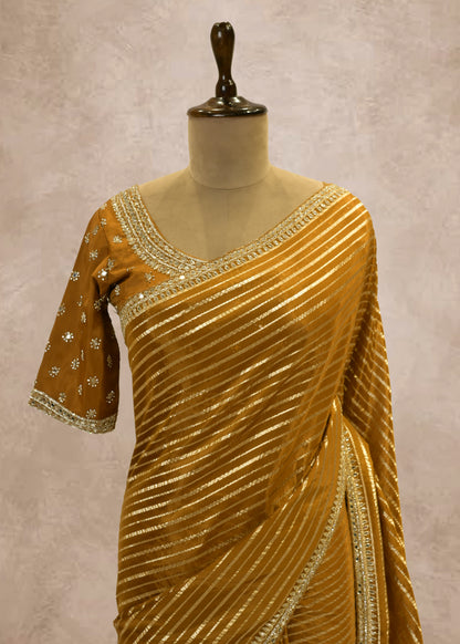 Mehendi Green Striped Zari Organza Sarees with Stitched Blouse
