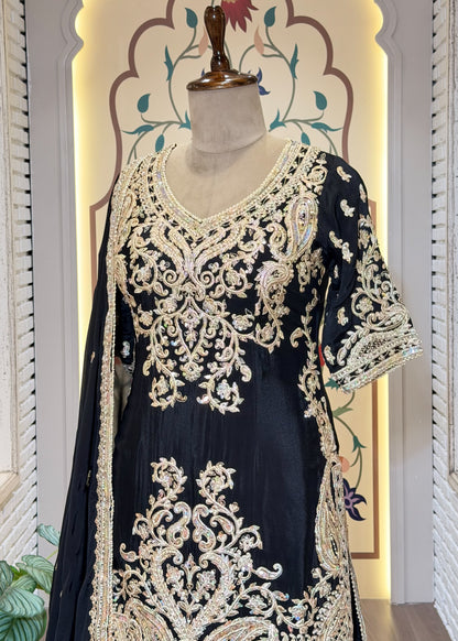 Black Party Wear Sharara Suit Set