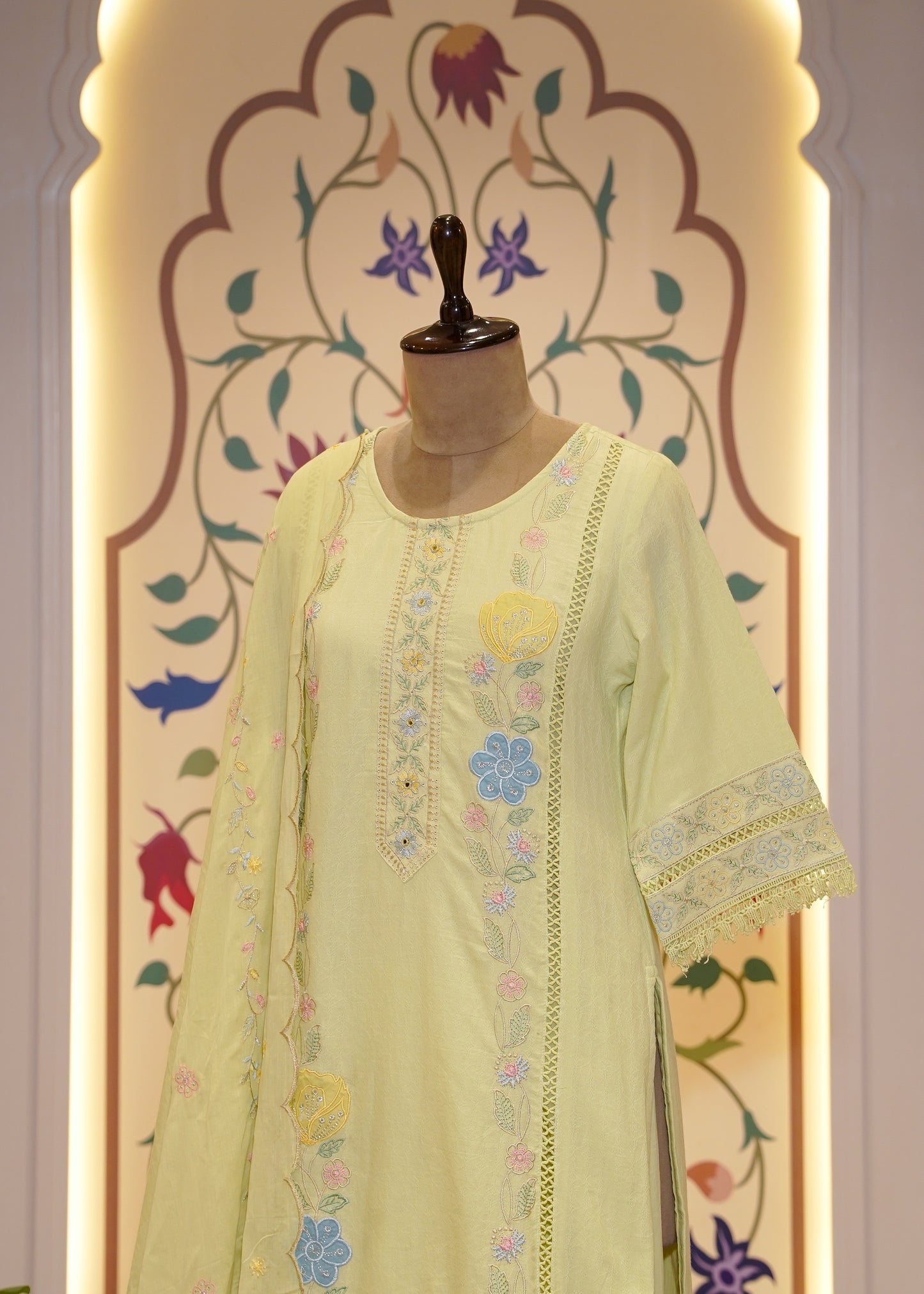 Light Lemon Cotton Thread Embroidered 3 pc Kurti Set