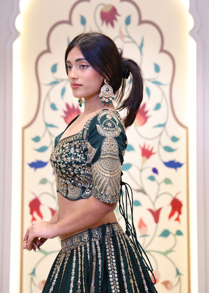 Kavya Green Handcrafted Lehenga with Stitched Blouse