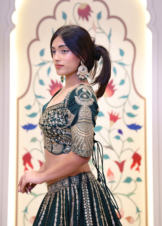 Kavya Green Handcrafted Lehenga with Stitched Blouse