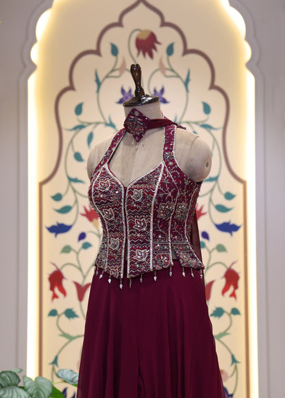 Vaani Maroon Sharara Corset Top Set