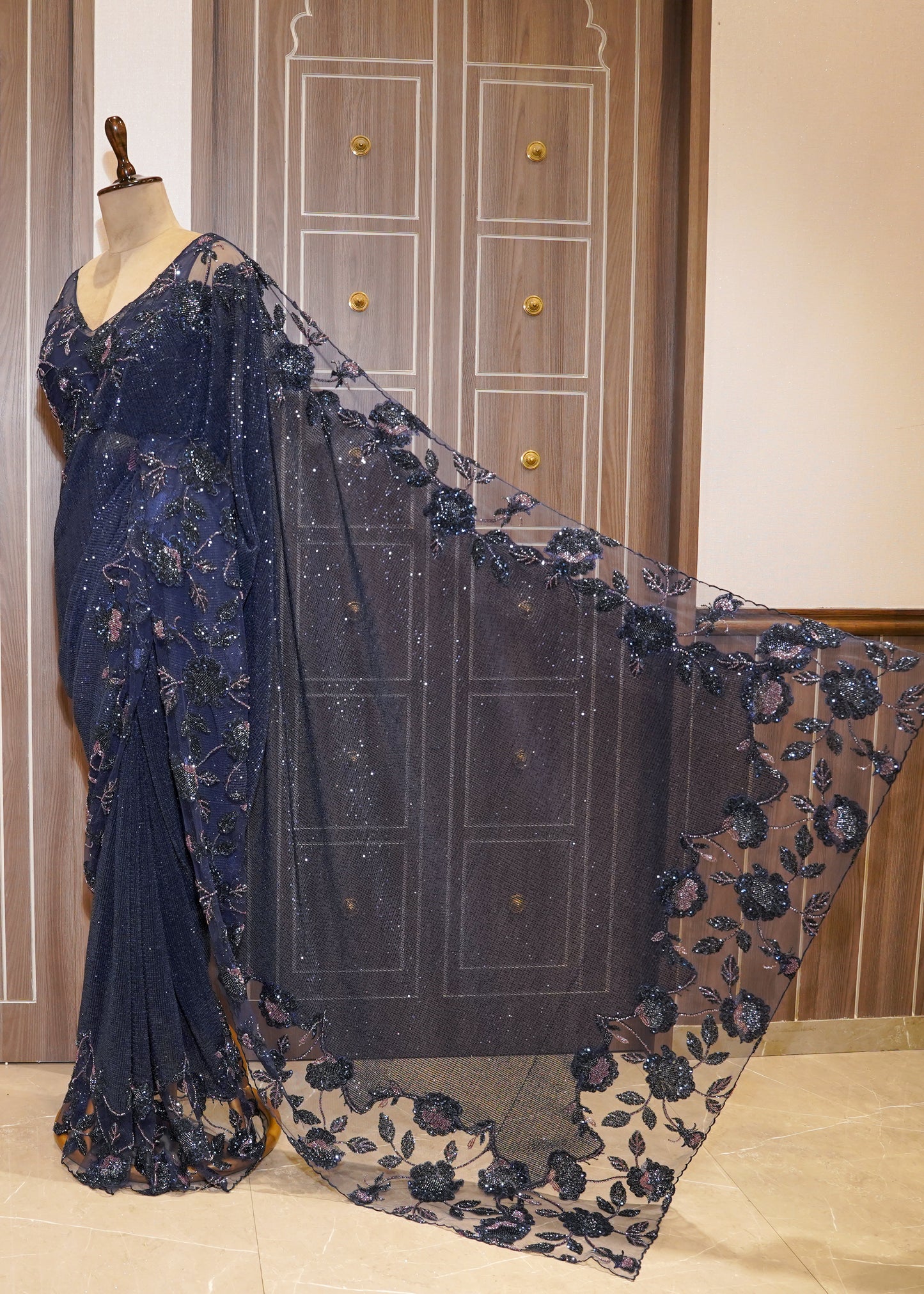 Midnight Blue Hand Embroidered Sequence Saree with Stitched Hand Embroidered Blouse