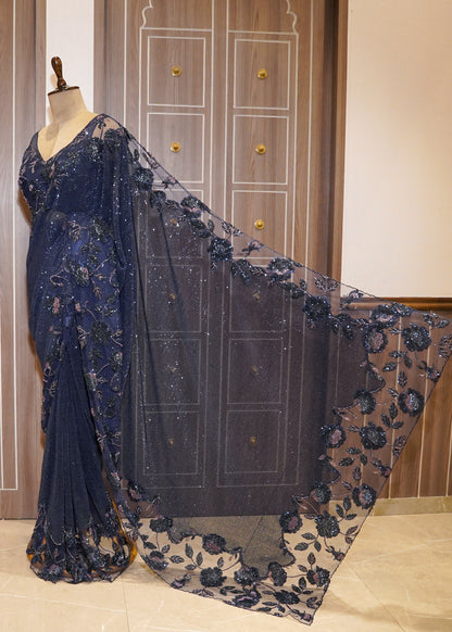 Midnight Blue Hand Embroidered Sequence Saree with Stitched Hand Embroidered Blouse